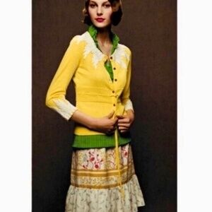 NWT!! Anthropologie MOTH Wisteria Cardigan Lace Appliqués Canary Yellow Small